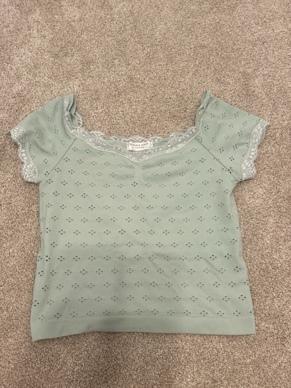 Altar'd State Sage Green Eyelet Lace-Trim Short Sleeve Tee